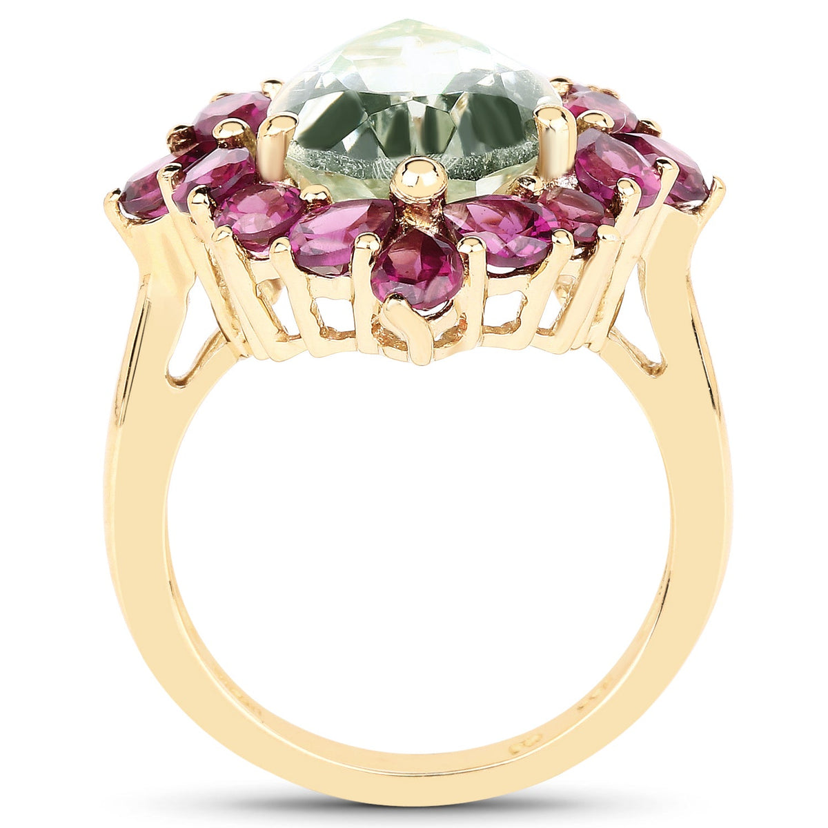 Anillo de plata de ley .925 chapado en oro amarillo de 14K con amatista verde y rodolita naturales de 7.21 quilates