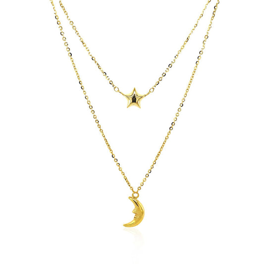 Cadena de oro amarillo de 14k de doble hebra con luna y estrella infladas