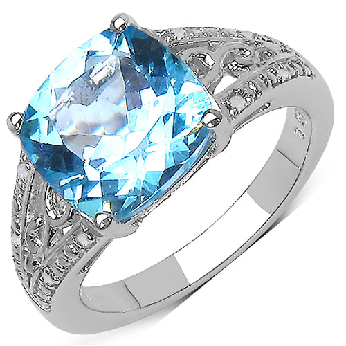 Anillo de plata de ley con topacio azul auténtico de 5,05 quilates y detalles de diamante auténtico de 0,05 qt.p.t.