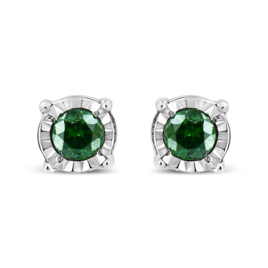 Pendientes solitarios de plata de ley con diamantes verdes tratados talla rosa (0,25 ct. peso total, color verde, claridad I2-I3)