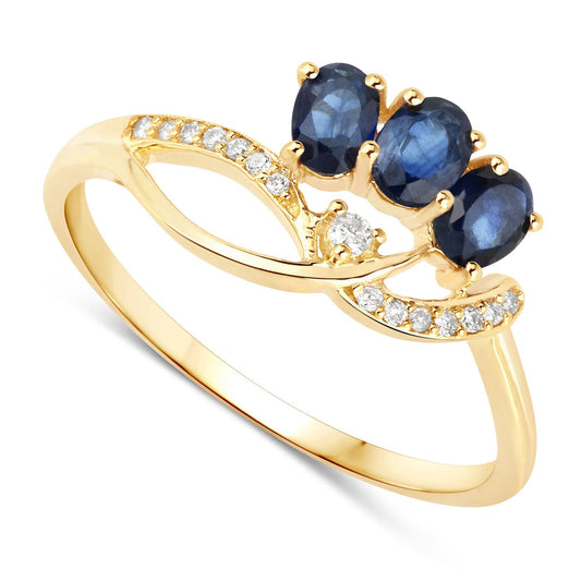 Anillo de oro amarillo de 14K con zafiro azul genuino de 0,65 quilates y diamantes blancos