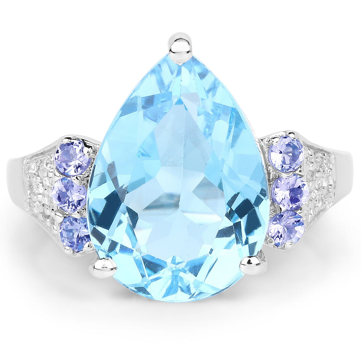 Anillo de plata de ley .925 con topacio azul suizo, tanzanita y topacio blanco genuinos de 6.86 quilates