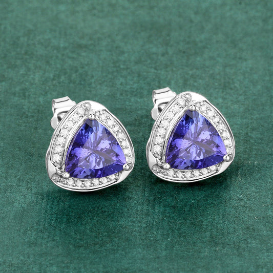 Pendientes de oro blanco de 14K con tanzanita genuina de 3,70 quilates y diamantes blancos