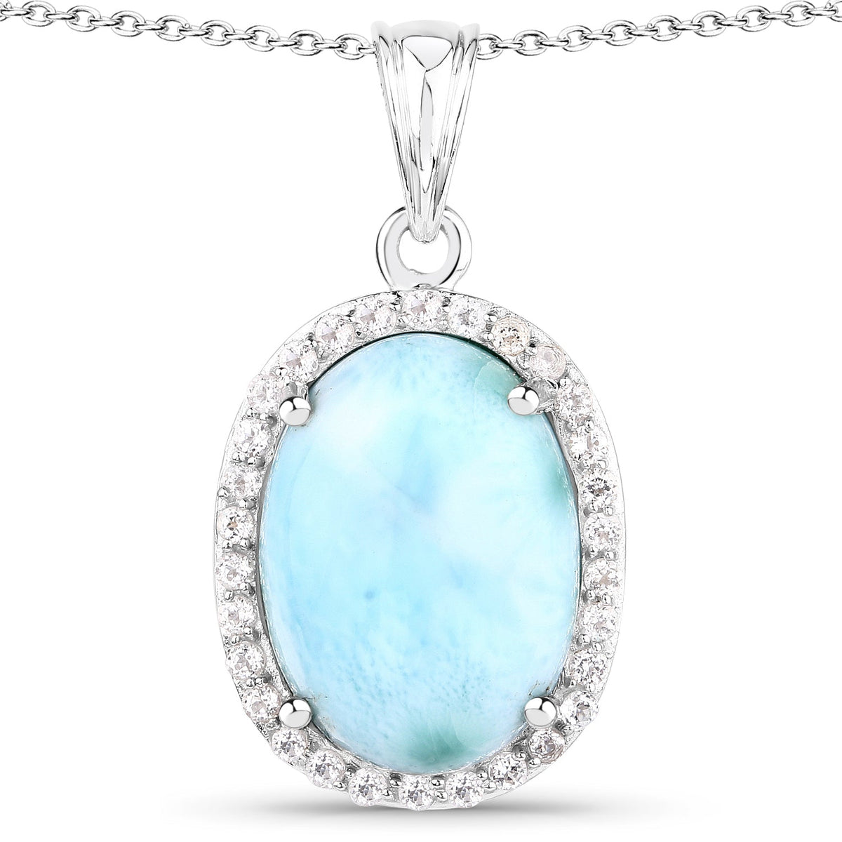 13.55 Carat Genuine Larimar and White Topaz .925 Sterling Silver Pendant