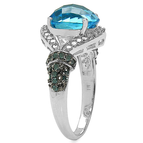 Anillo de plata de ley .925 con topacio azul auténtico de 4,96 quilates, diamantes azules y diamantes blancos