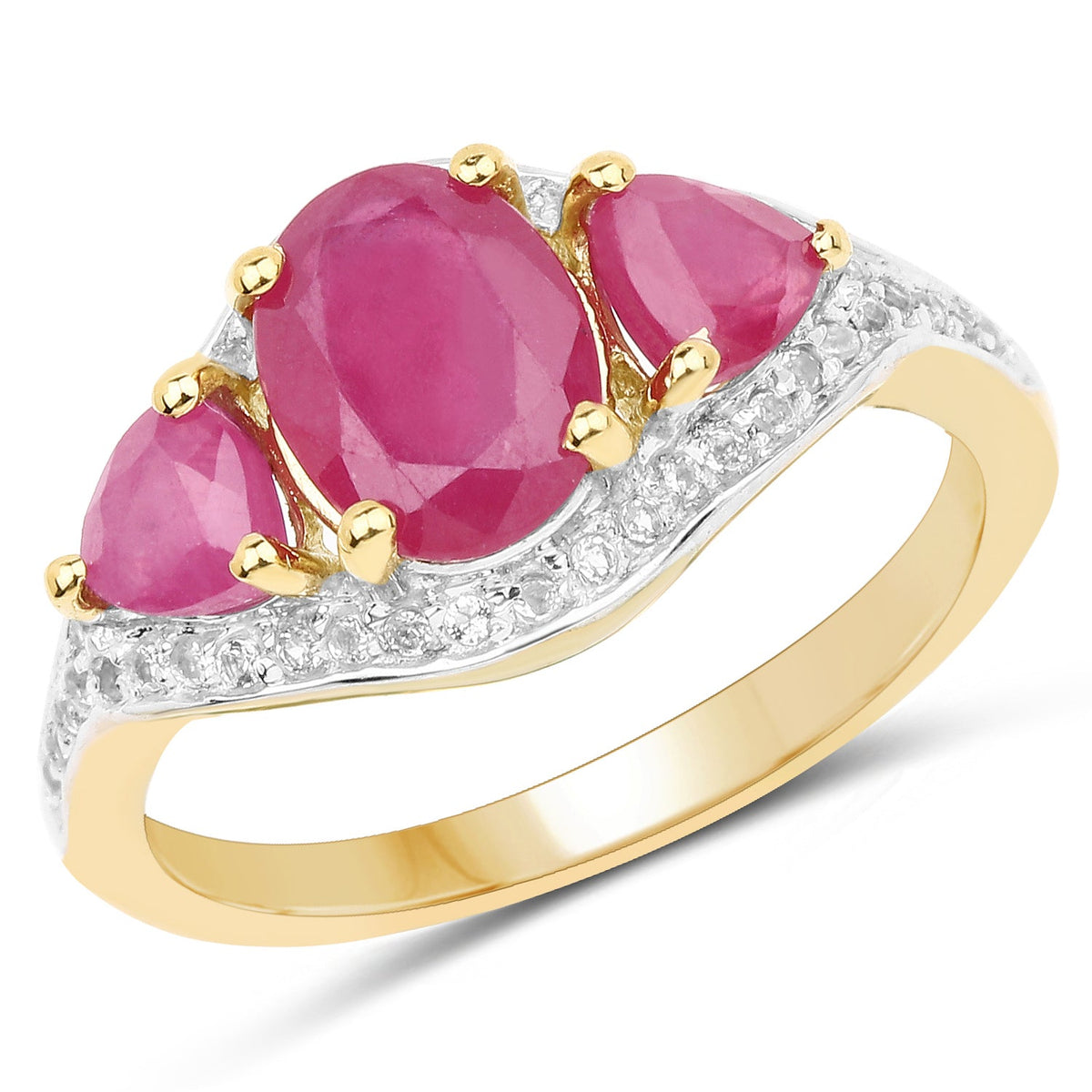 Anillo de plata de ley .925 con rubí genuino relleno de vidrio de 2,49 quilates y topacio blanco con baño de oro amarillo de 14 quilates