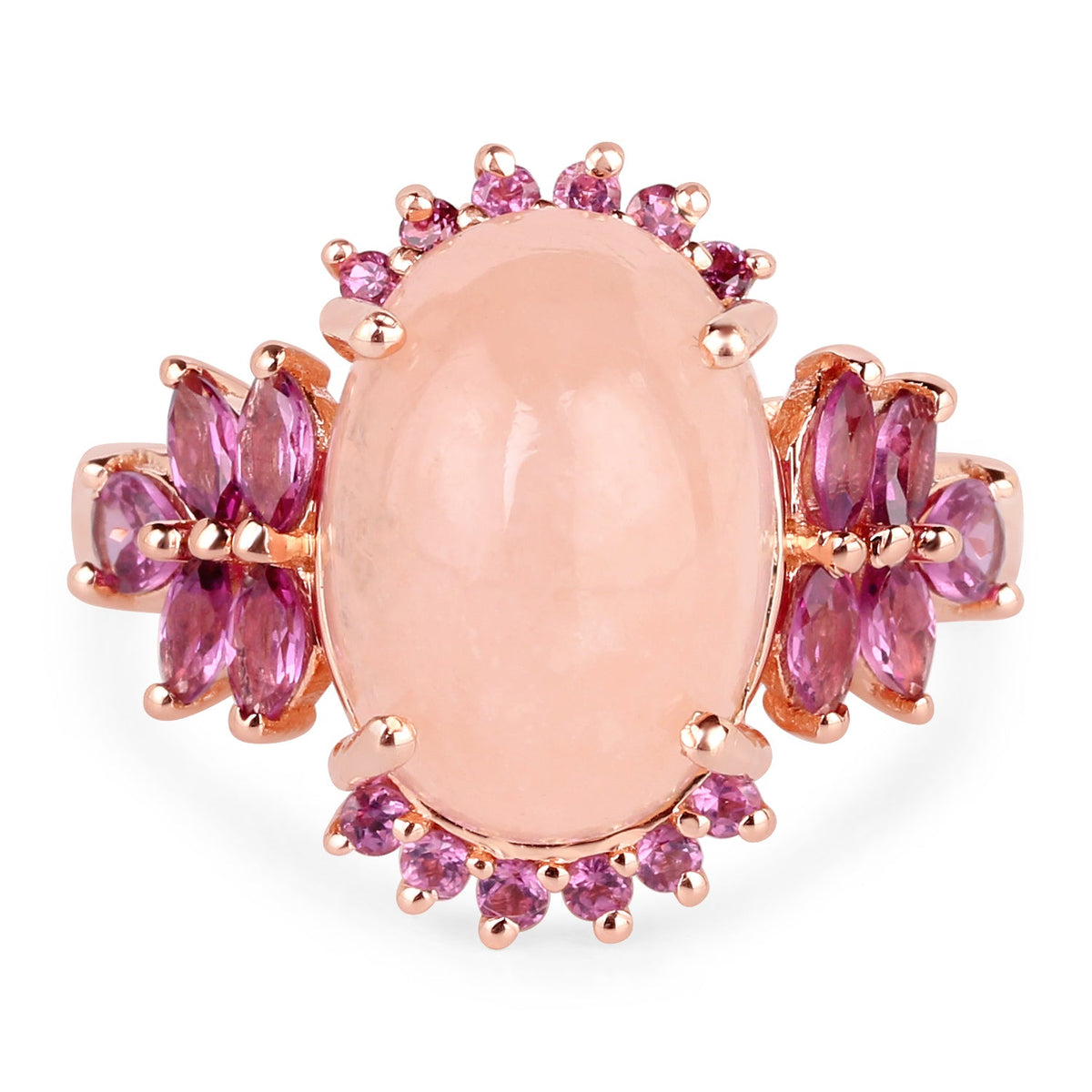 Anillo de plata de ley .925 chapado en oro rosa de 14K con morganita genuina de 9.13 quilates y rodolita
