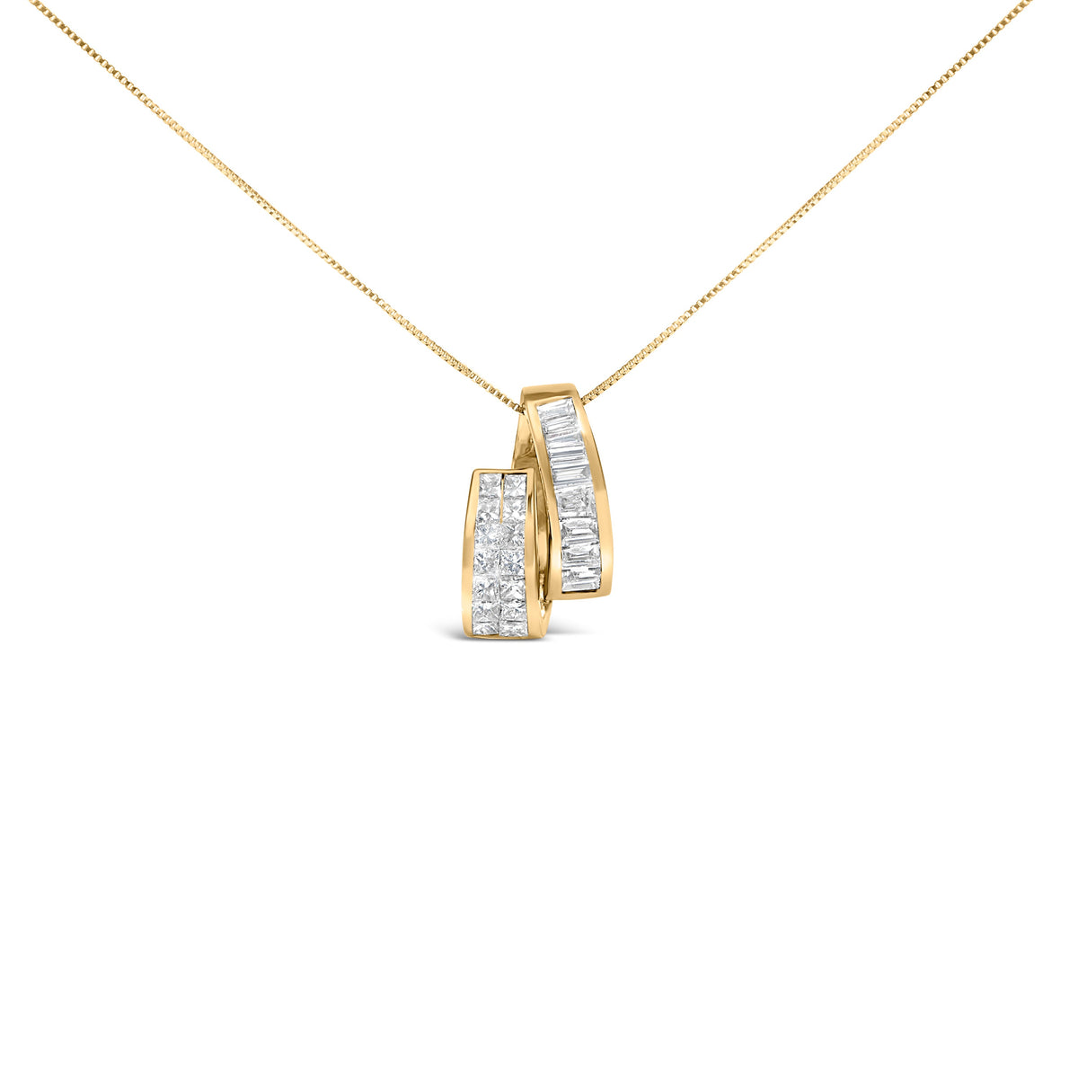 Collar con colgante de barra doble de oro amarillo de 14 quilates con diamantes talla princesa y baguette de 1 5/8 qt (color G-H, claridad VS2-SI1) - 18"