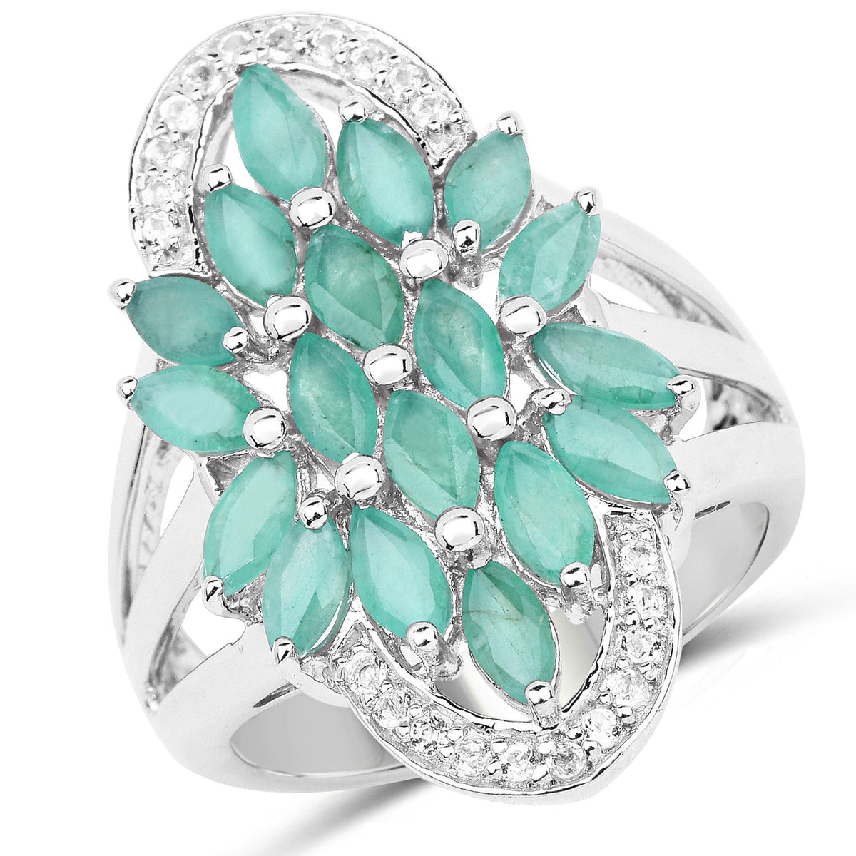 2.74 Carat Genuine Emerald and White Topaz .925 Sterling Silver Ring
