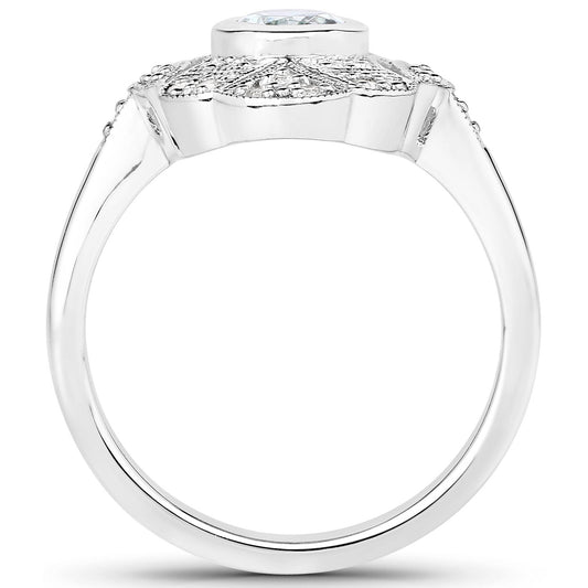 Anillo de plata de ley .925 con aguamarina auténtica de 1,02 quilates y topacio blanco