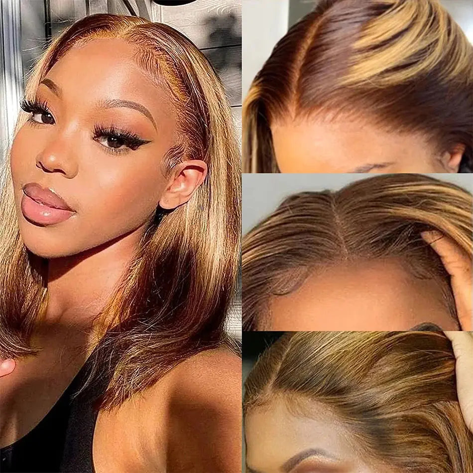 4-27 Highlight | 4-30 Highlight | Human Hair | Bob | Straight | Lace Front | Human Hair | Brazilian Short Bob Human Hair Wigs Luxegan