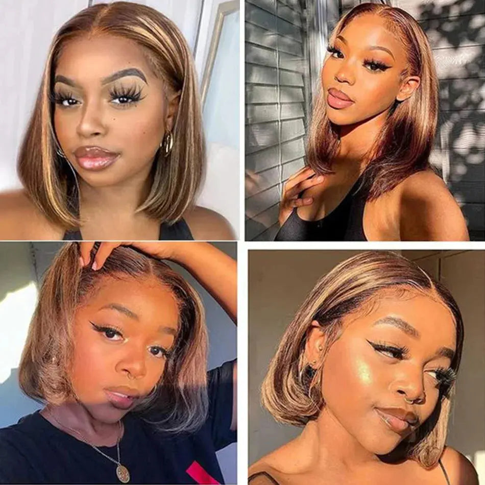 4-27 Highlight | 4-30 Highlight | Human Hair | Bob | Straight | Lace Front | Human Hair | Brazilian Short Bob Human Hair Wigs Luxegan