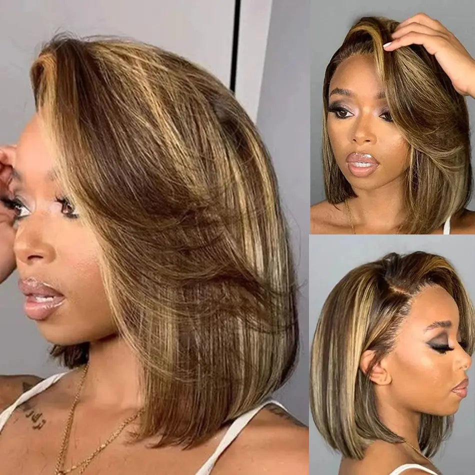4-27 Highlight | 4-30 Highlight | Human Hair | Bob | Straight | Lace Front | Human Hair | Brazilian Short Bob Human Hair Wigs Luxegan