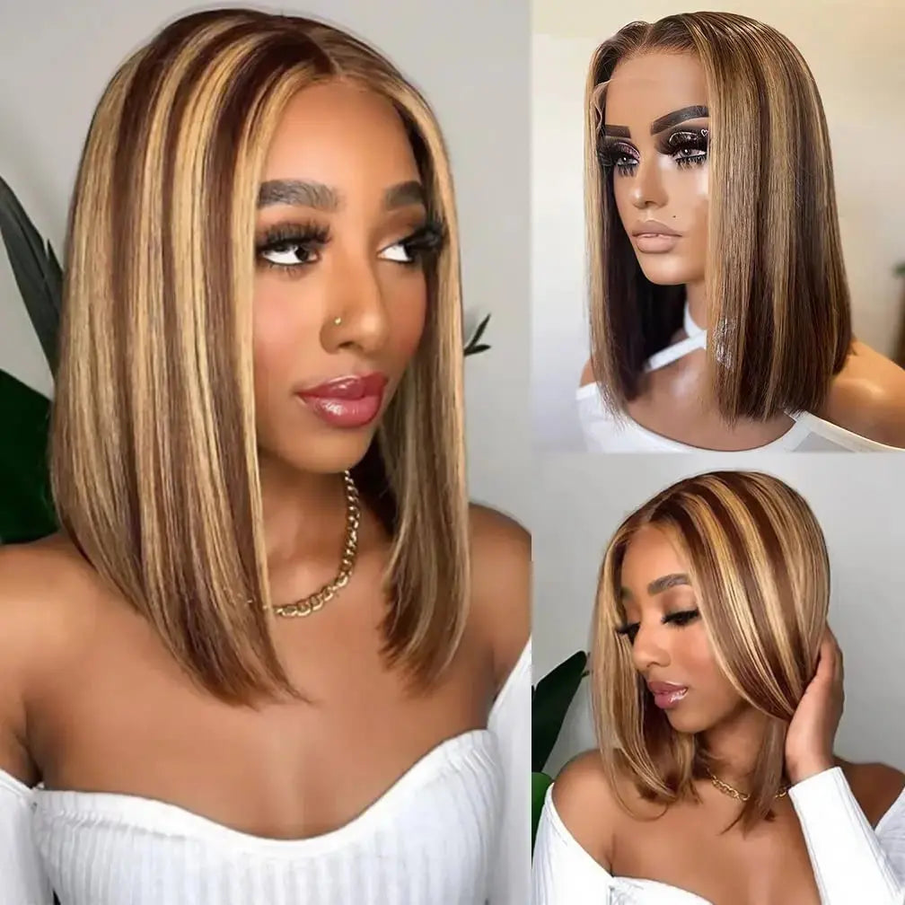 4-27 Highlight | 4-30 Highlight | Human Hair | Bob | Straight | Lace Front | Human Hair | Brazilian Short Bob Human Hair Wigs Luxegan
