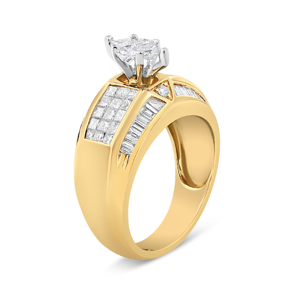 Anillo de oro amarillo y blanco de 14 quilates con diamantes redondos, baguettes, de talla princesa y de talla pie con un peso total de 1,75 quilates (color H-I, claridad SI1-SI2)