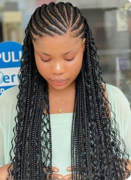 36" Boho Knotless Box Braids Wig | Full Lace | Cornrows & Curly Ends | Synthetic Braided Wig
