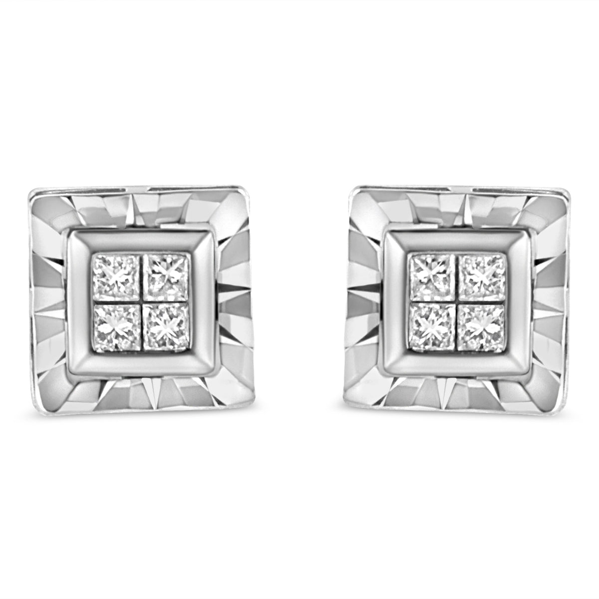 Pendientes de plata de ley .925 con 1/6 quilates de diamantes invisibles con corte de princesa y montura de cuatro (Color H-I, Claridad I1-I2)