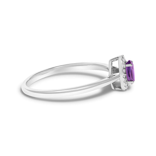 Anillo de Oro Blanco de 10K con Amatista Morada Ovalada de 5X3MM y Diamantes (Color I-J, Claridad I1-I2) - Talla 6.5