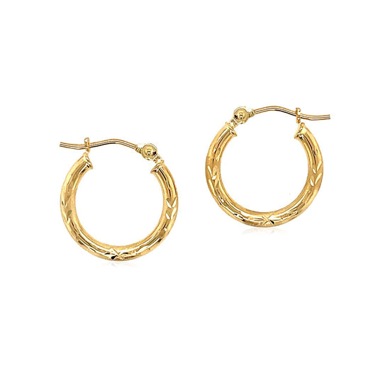 14k Yellow Gold Fancy Diamond Cut Slender Small Hoop Earrings (15mm Diameter) - view 2