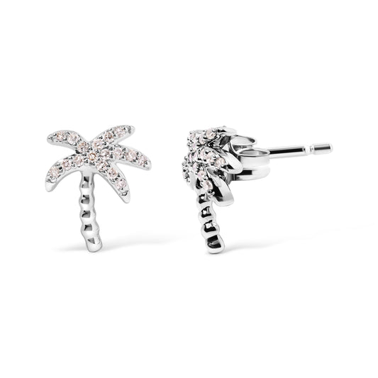 Pendientes de tuerca de oro blanco de 10 quilates con diamantes de 1/10 quilate y palma (Color H-I, Claridad I1-I2)