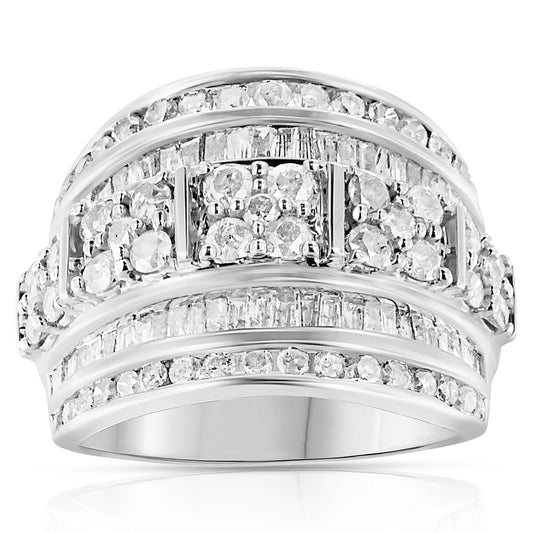 Anillo de plata de ley .925 con diamantes redondos y de talla baguette de 2.0 Cttw, engastados en canal en varias filas, diseño cónico, tipo cóctel (Color I-J, Claridad I3) - Talla 7