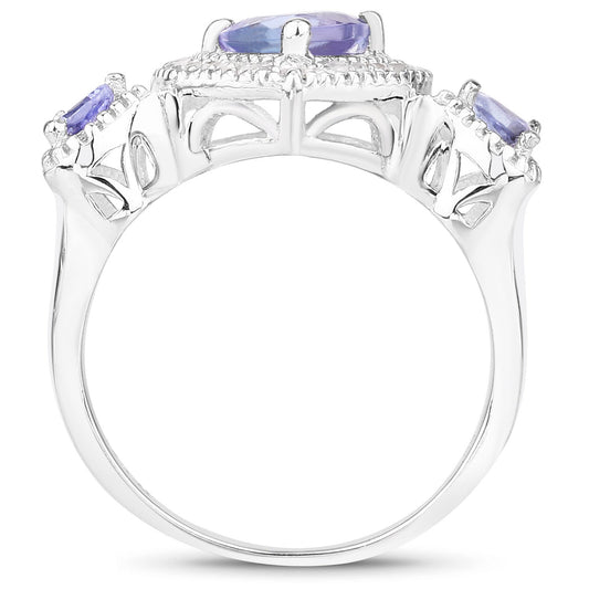 Anillo de plata de ley .925 con tanzanita genuina de 1,09 quilates y diamantes blancos