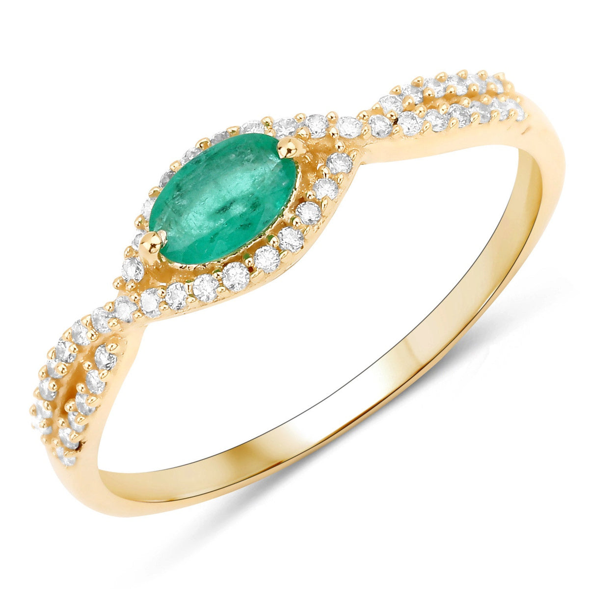 Anillo de oro amarillo de 14 quilates con esmeralda zambiana auténtica de 0,32 quilates y diamante blanco