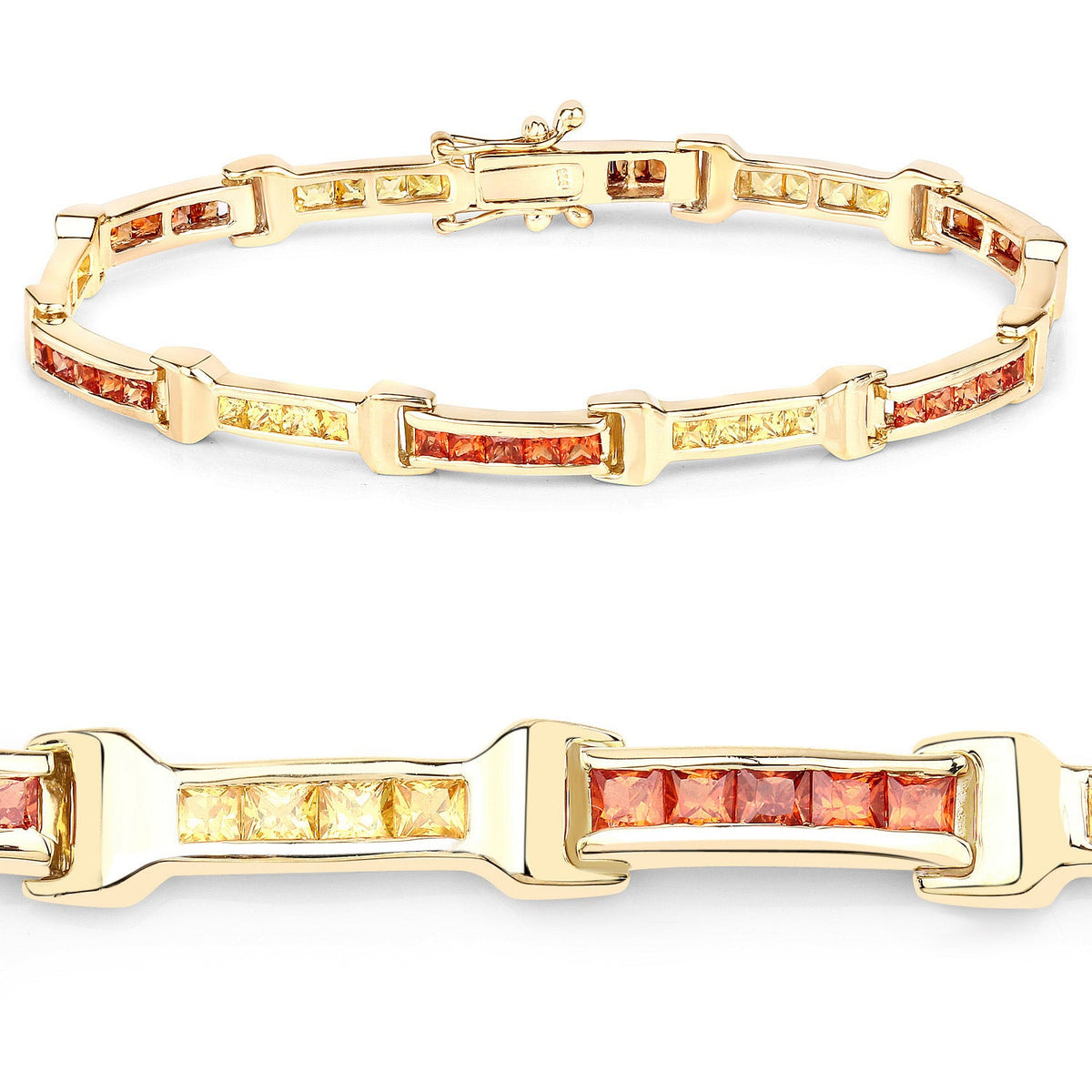 Pulsera de plata de ley .925 con zafiro naranja genuino de 6,48 quilates y zafiro amarillo