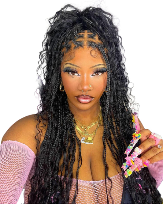 32 Inch Natural Curly Boho Box Braids Wig - Knotless - Full Lace - Synthetic - with Baby Hair Luxegan