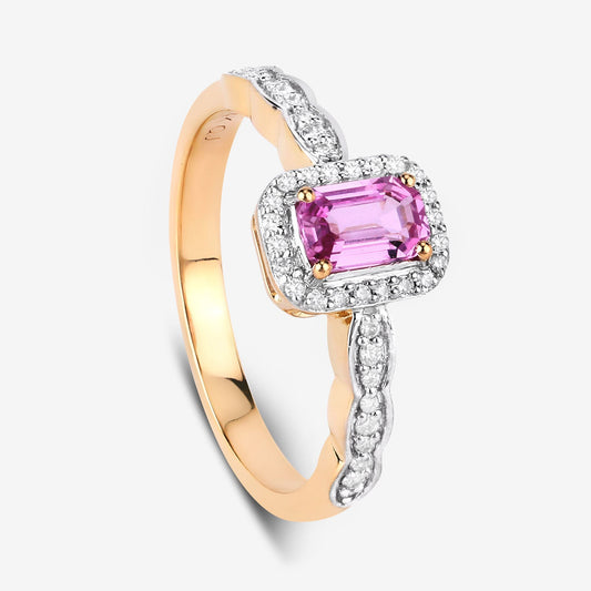 Anillo de oro amarillo de 14K con zafiro rosa genuino de 0.80 quilates y diamantes blancos