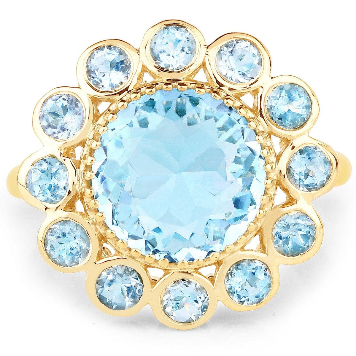 Anillo de plata de ley 925 chapado en oro amarillo de 14 quilates con topacio azul genuino de 6,59 quilates