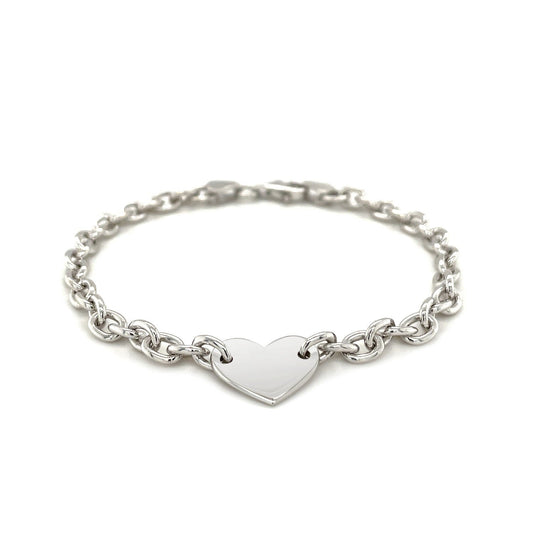 Pulsera de cadena de plata de ley con baño de rodio y corazón plano
