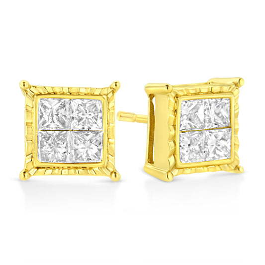 Pendientes de tuerca cuadrados de oro amarillo de 14K con diamantes talla princesa de 1 quilate de peso total