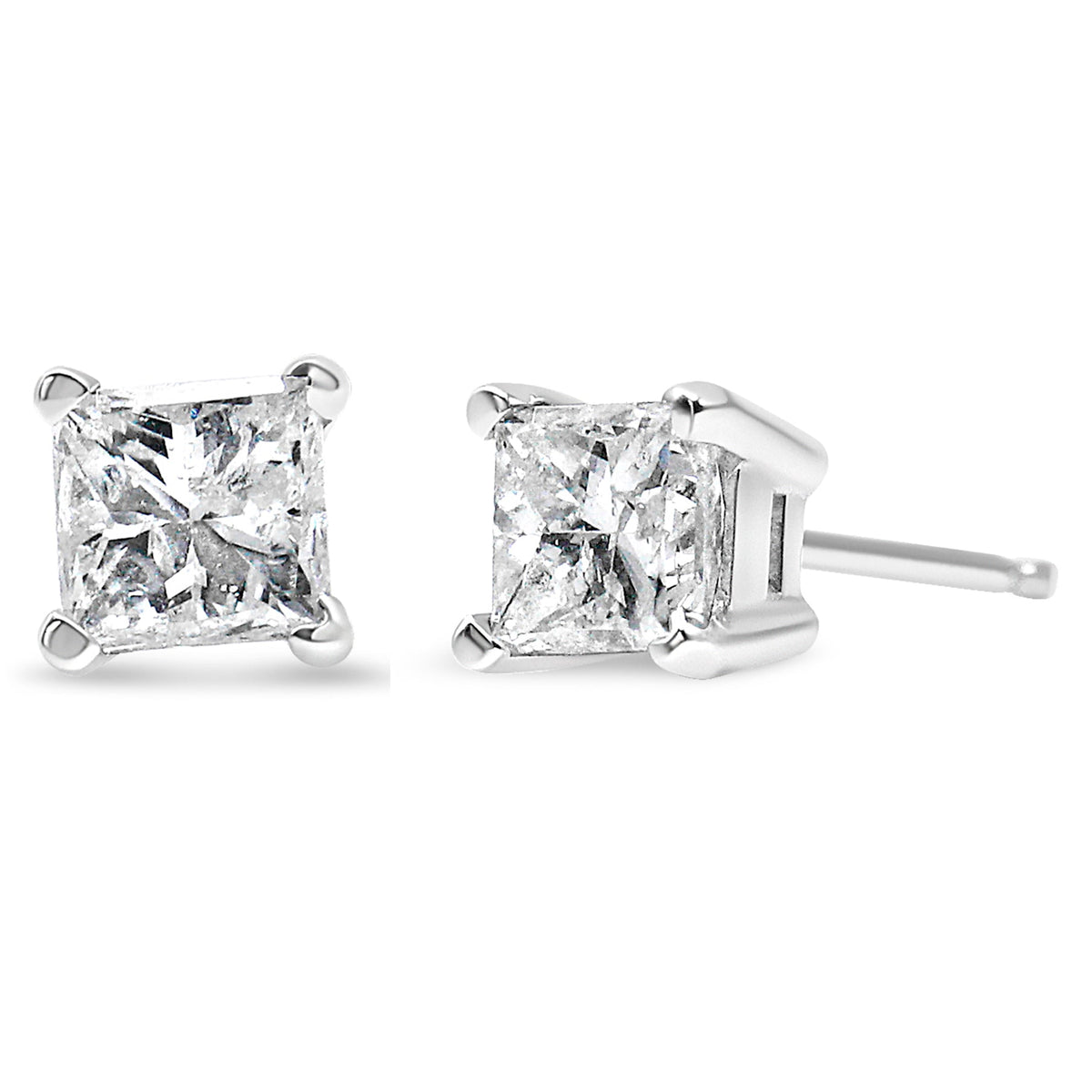 Pendientes de oro blanco de 14 quilates con diamantes de talla princesa de 1,00 quilates, casi incoloros, clásicos, con 4 garras (color G-H, claridad SI1-SI2)