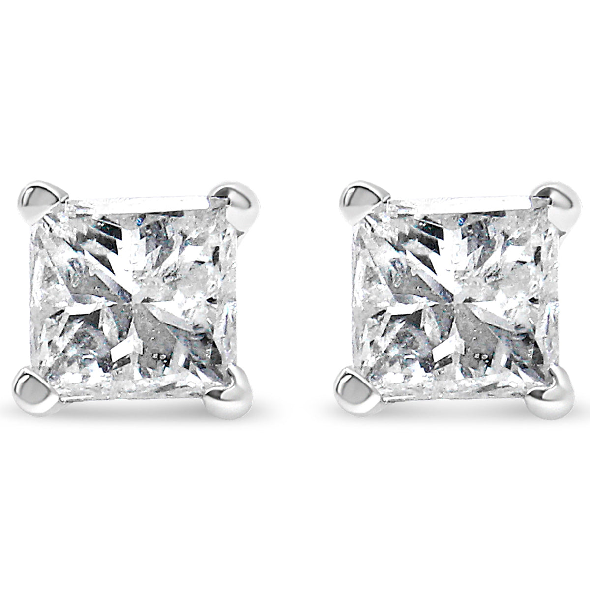 Pendientes de oro blanco de 14 quilates con diamantes de talla princesa de 1,00 quilates, casi incoloros, clásicos, con 4 garras (color G-H, claridad SI1-SI2)