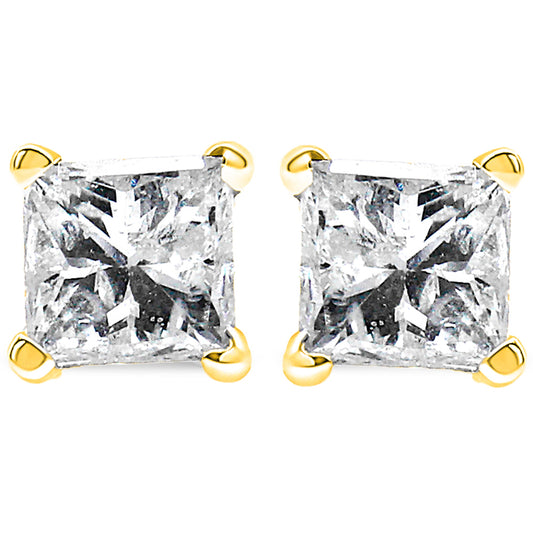 Pendientes solitario de oro amarillo de 14 K con diamantes de corte princesa de 1/4 Cttw, certificados por IGI