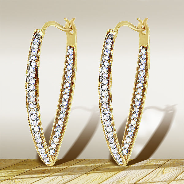 Pendientes de aro modernos de oro amarillo de 10 qt con diamantes redondos de 1/2 TCW (color I-J, claridad I2-I3)