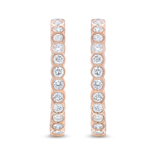 Pendientes de aro de oro rosa de 18K con diamantes redondos de 1 quilate engastados en bisel (color F-G, claridad VS1-VS2)
