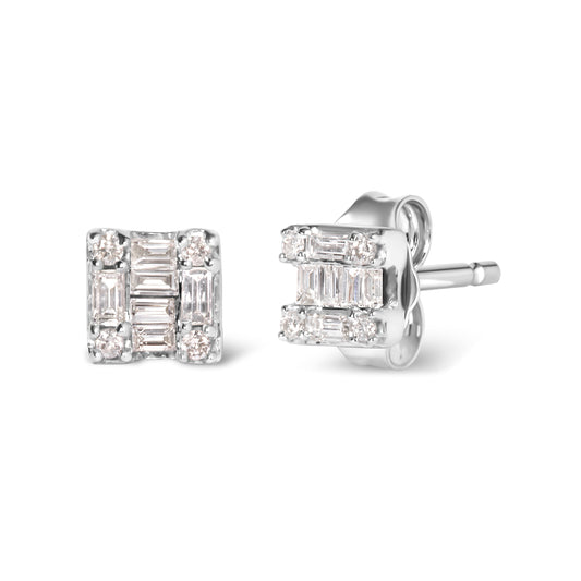 Pendientes de oro blanco de 10K con mosaico cuadrado de diamantes redondos y de baguette de 1/7 Cttw (color H-I, claridad I1-I2)