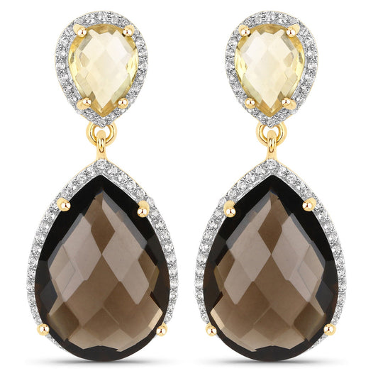 21.12 Carat Genuine Smoky Quartz, Citrine and White Topaz .925 Sterling Silver Earrings - view 2
