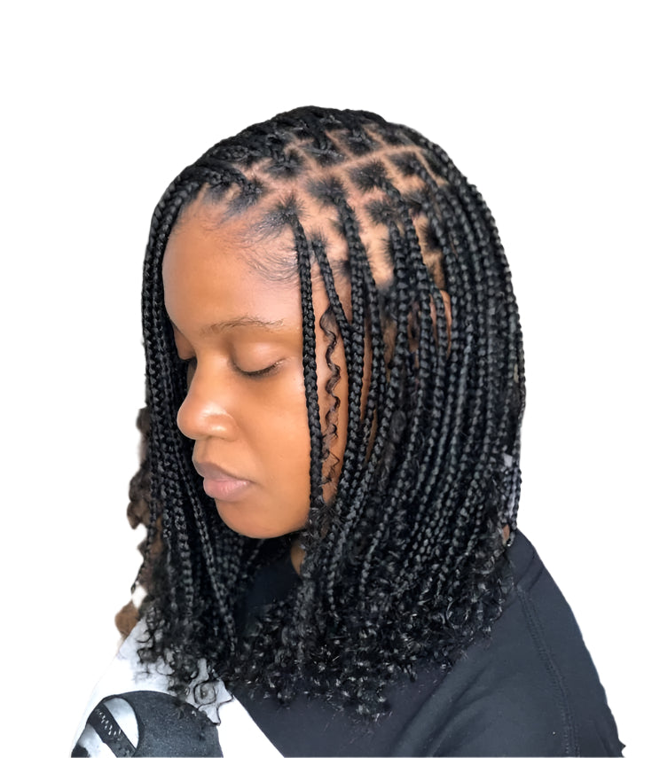 2" Boho Knotless Braided Bob Wig | 360 Full Lace Curly Ends | Goddess Box Braids | Pre-Plucked Baby Hair