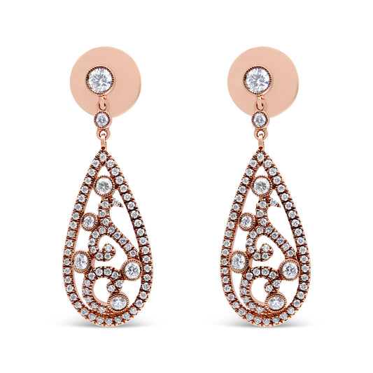 Pendientes de botón colgantes con forma de lágrima y rosca de oro rosa de 18K con diamantes de 1 1/4 Cttw (color F-G, claridad VS1-VS2)