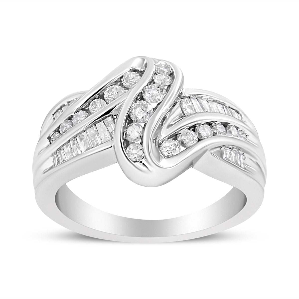 10K White Gold Ring 3/4 Cttw Round and Baguette-Cut Diamond Bypass Ring (H-I Color, I2-I3 Clarity) - Size 6