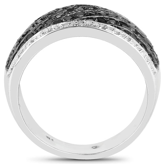 Anillo de plata de ley .925 con diamante negro genuino de 0.79 quilates y diamante blanco