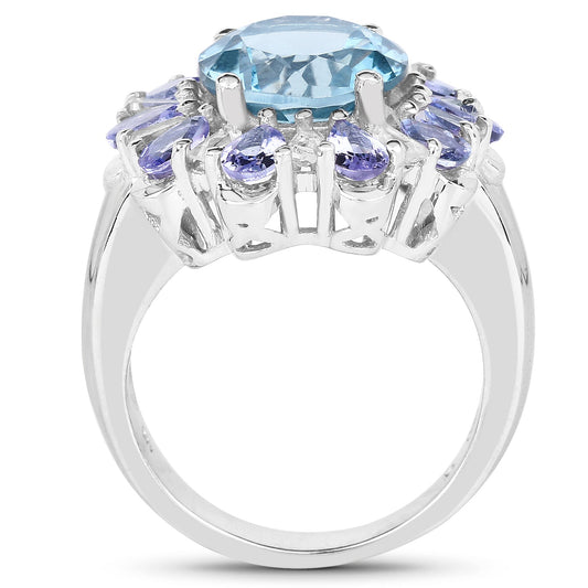 Anillo de plata de ley .925 con topacio azul de Londres, tanzanita y topacio blanco de 6,19 quilates genuino