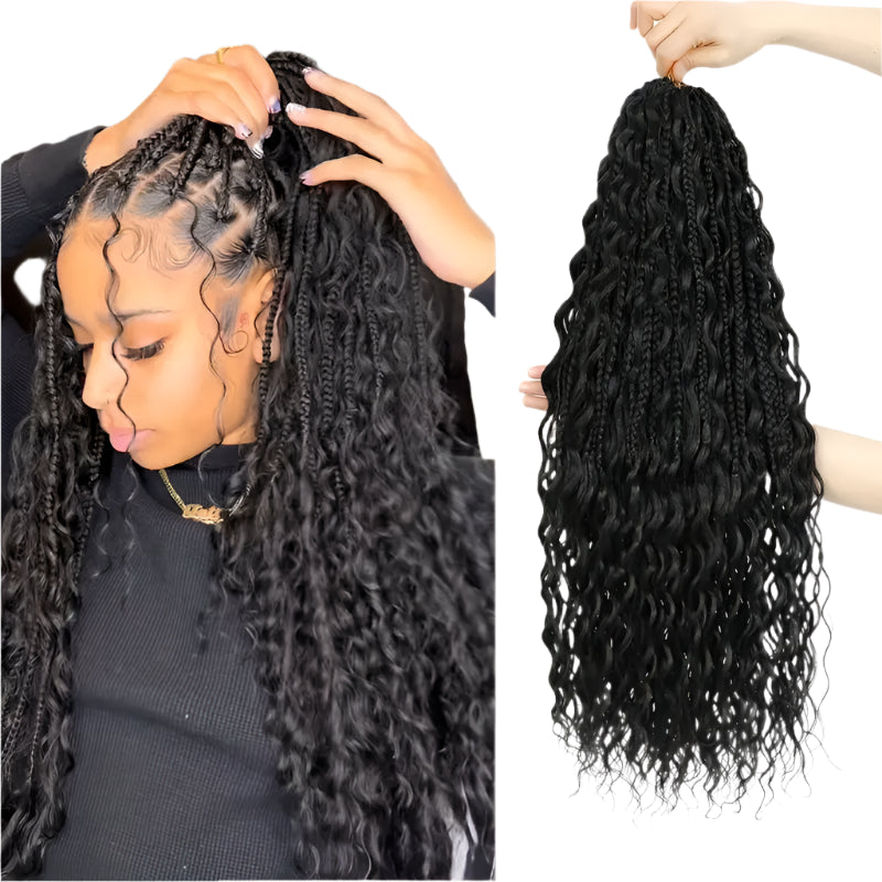 Burgundy Boho Box Braids Wig | Curly Goddess Locs | Full Lace Front | Synthetic Hair | Women