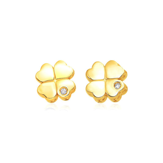Pendientes de trébol de cuatro hojas pulidos de oro amarillo de 14k con diamantes