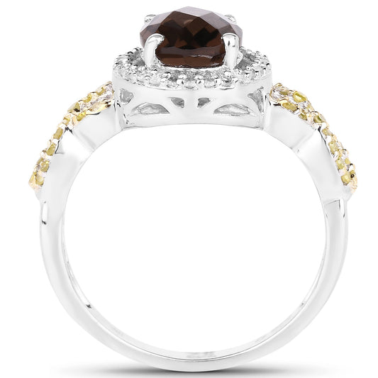 Anillo de plata de ley .925 con ónice ahumado genuino de 1,90 quilates, diamante amarillo y diamante blanco