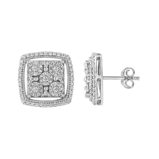 Pendientes de clúster de doble halo de diamantes redondos con engaste Miracle de 3/8 Cttw en plata de ley .925 (color I-J, claridad I2-I3)