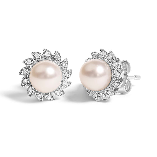 Pendientes de perlas y diamantes tipo halo de oro blanco de 10 K, estilo reliquia (color I-J, claridad I1-I2)
